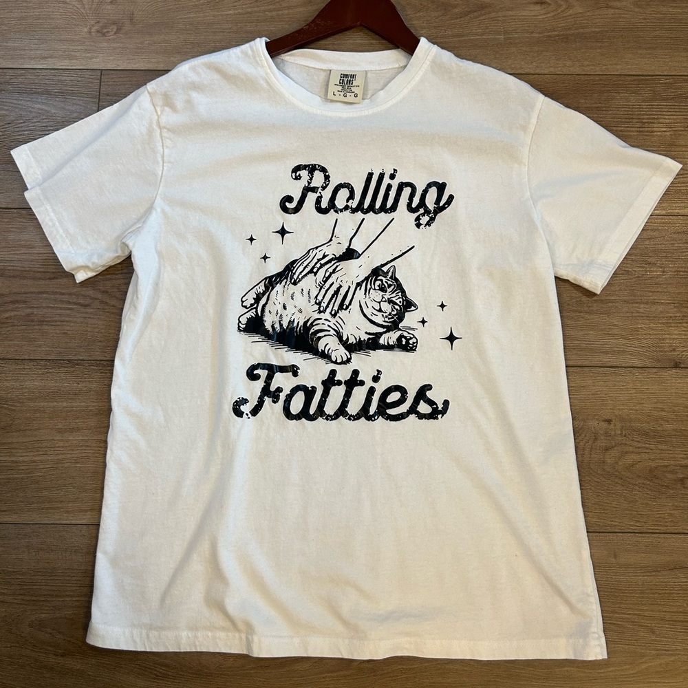Comfort Colors Rolling Fatties Cat Graphic Tee Size L Funny Kitty Shirt